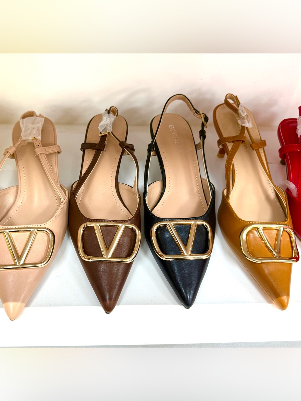 Pointed Slingback Mules with Gold V Emblem in Black, Brown, Nude, and Tan